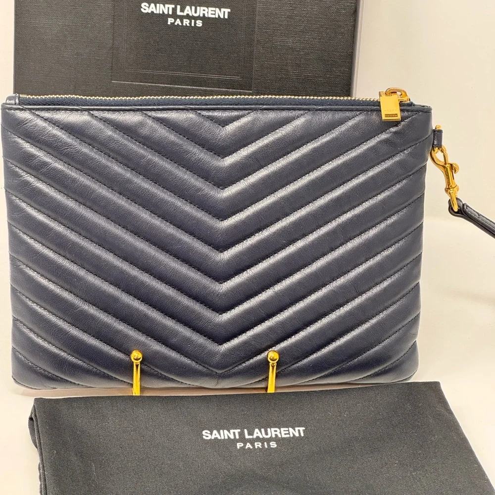 💯Authentic YSL Navy Blue Cassandra Chevron  Wristlet - Picture 8 of 12
